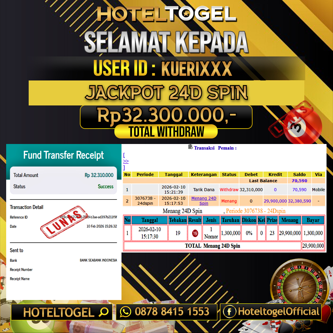 HOTELTOGEL JACKPOT CASINO 24D SPIN Rp.32.300.000 - LUNAS USER ID : KUERI***