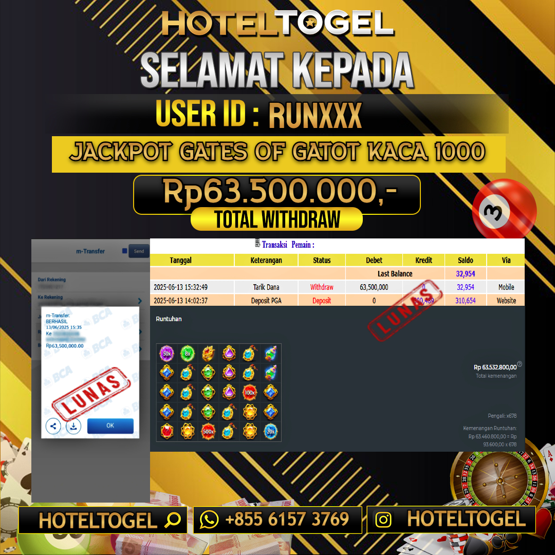 HOTELTOGEL JACKPOT SLOT GATES OF GATOT KACA 1000 Rp.63.500.000 - LUNAS USER ID : RUN****