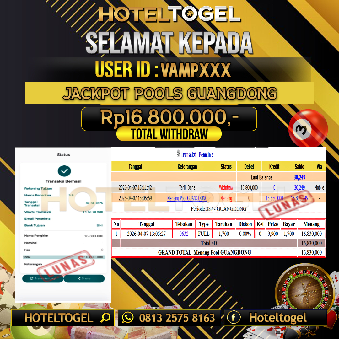 HOTELTOGEL JACKPOT SLOT TOGEL GUANGDONG Rp.16.800.000 - LUNAS USER ID : VAMP***