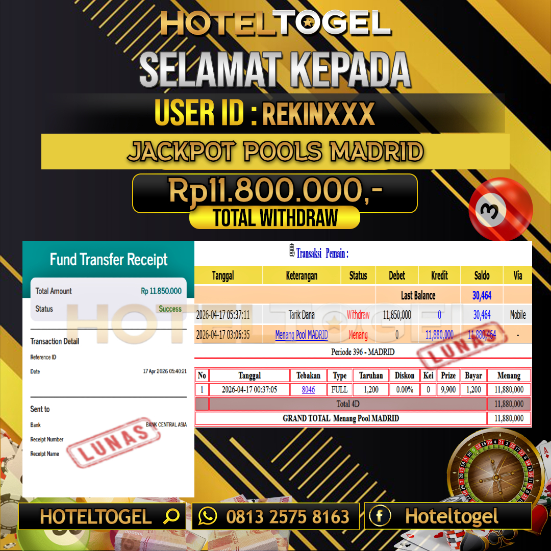 HOTELTOGEL JACKPOT TOGEL MADRID Rp.11.800.000 - LUNAS USER ID : REKIN***