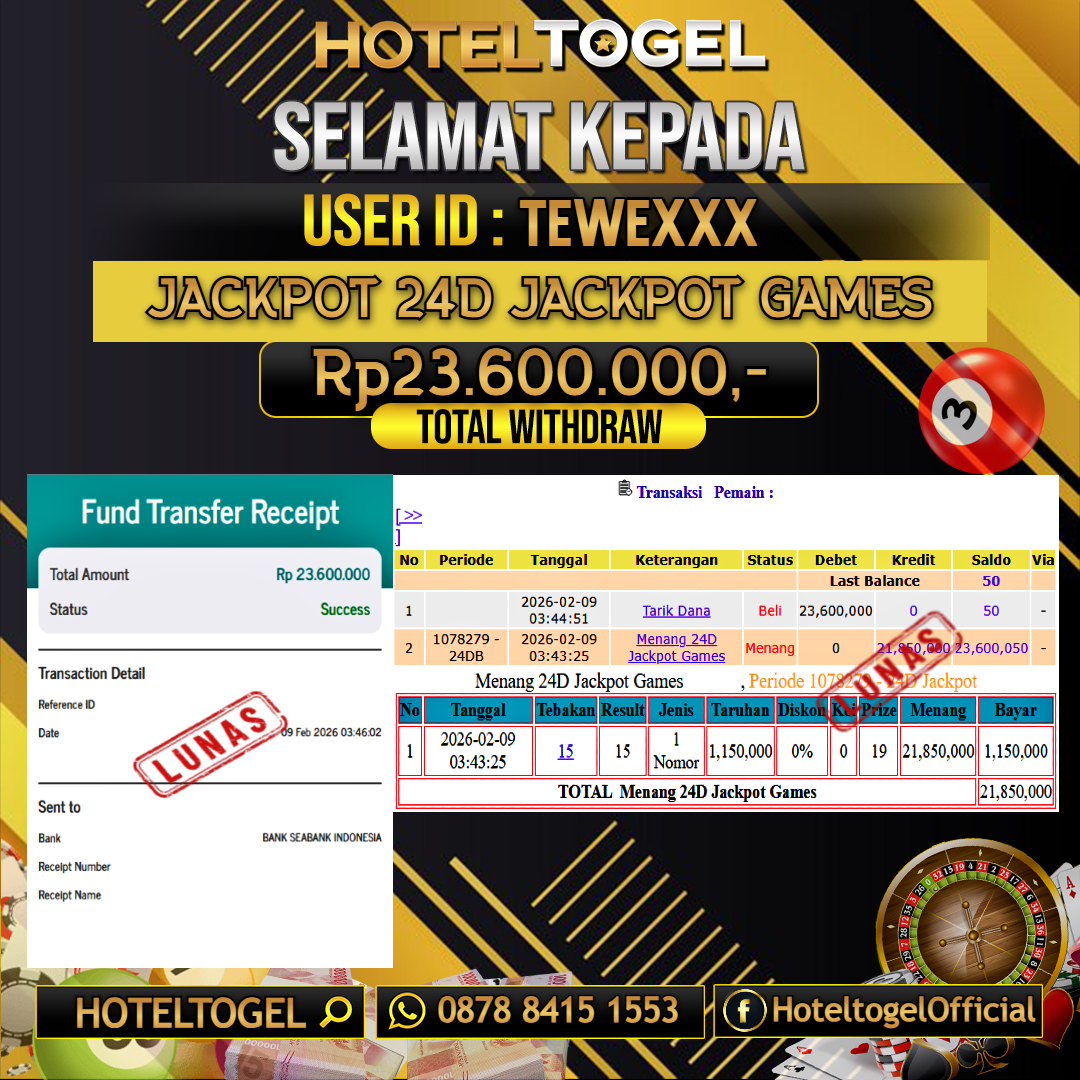 HOTELTOGEL JACKPOT CASINO 24D JACKPOT GAMES Rp.23.600.000 - LUNAS USER ID : TEWE***