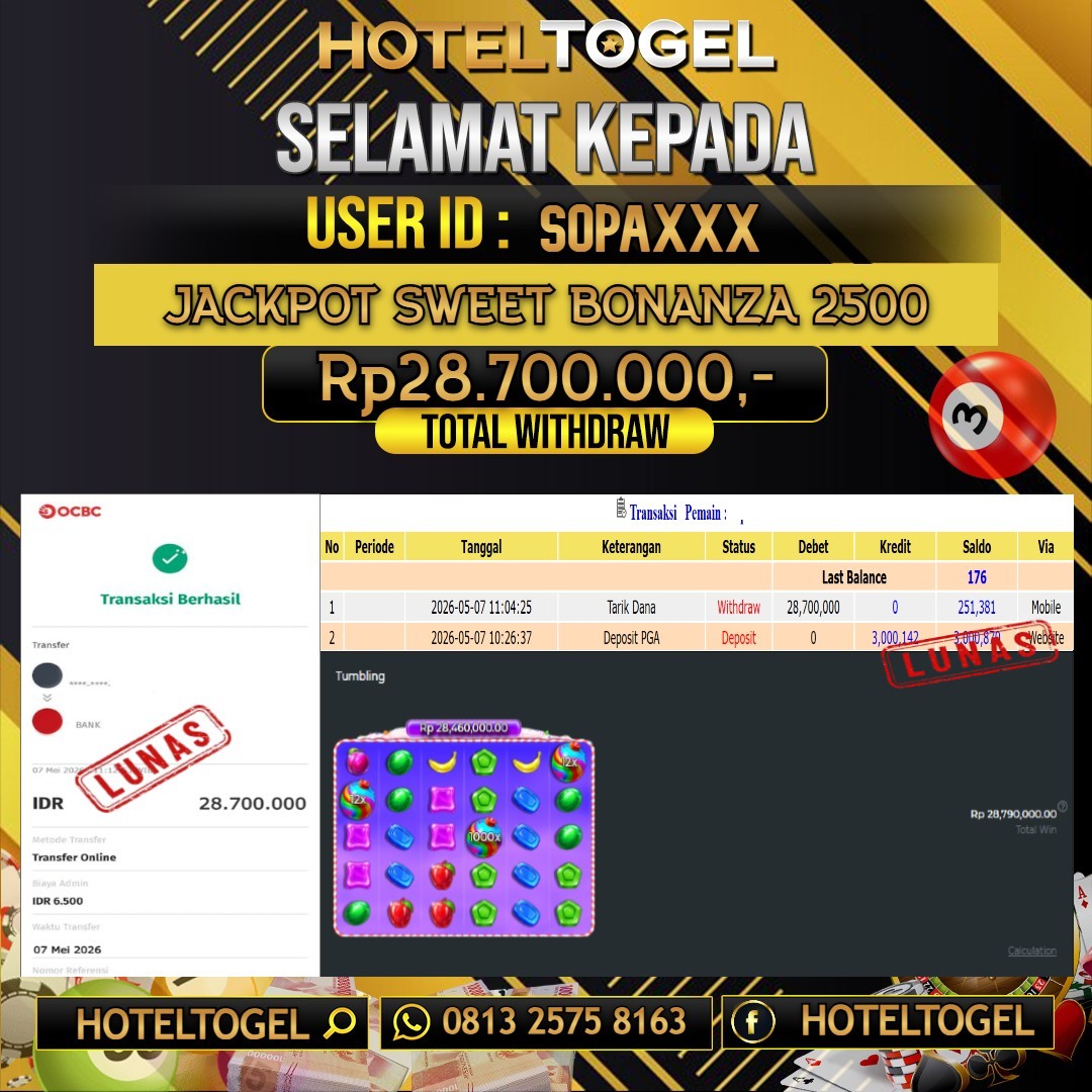 HOTELTOGEL JACKPOT SLOT SWEET BONANZA 2500 Rp.28.700.000 - LUNAS USER ID : SOPA****