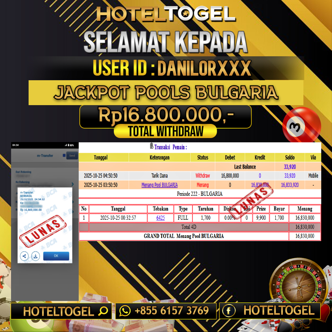 HOTELTOGEL JACKPOT POOLS BULGARIA Rp.16.800.000 - LUNAS USER ID : DANILOR***