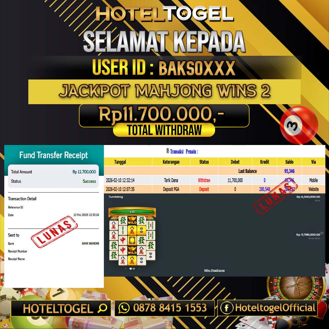 HOTELTOGEL JACKPOT SLOT MAHJONG WINS 2 Rp.11.700.000 - LUNAS USER ID : BAKSO***