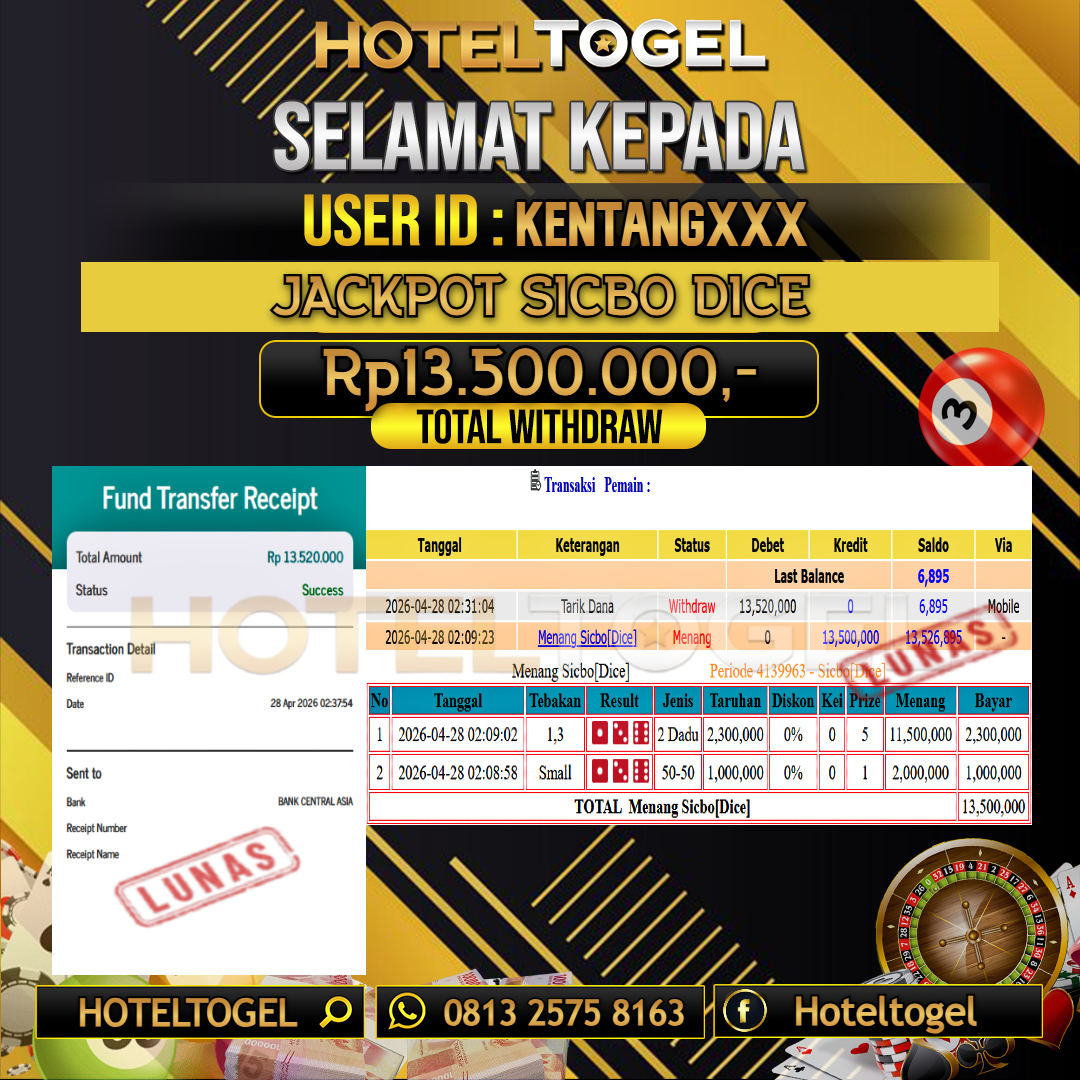 HOTELTOGEL JACKPOT CASINO SICBO DICE Rp.13.500.000 - LUNAS USER ID : KENTANG***