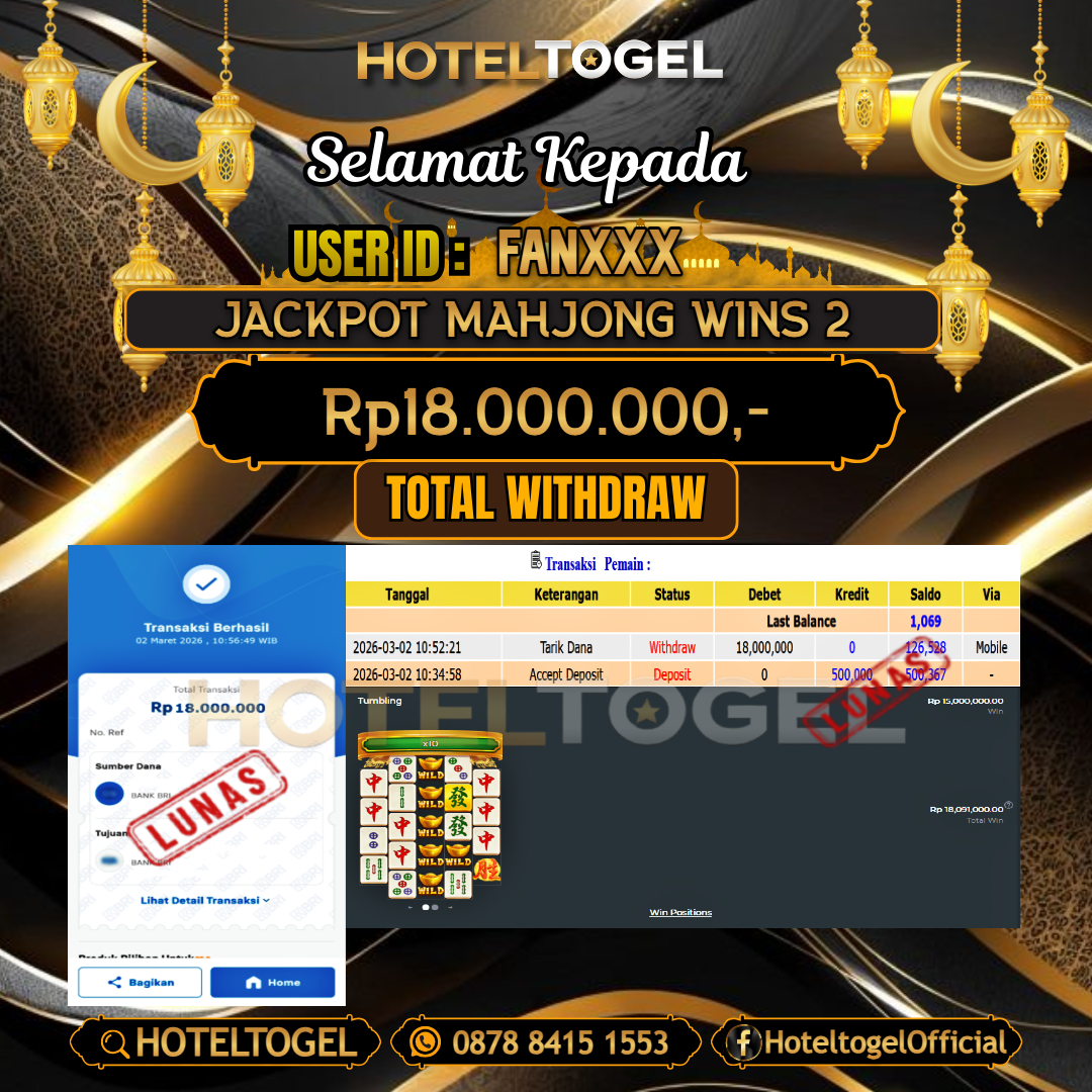 HOTELTOGEL JACKPOT SLOT MAHJONG WINS 2 Rp.18.000.000 - LUNAS USER ID : FAN***