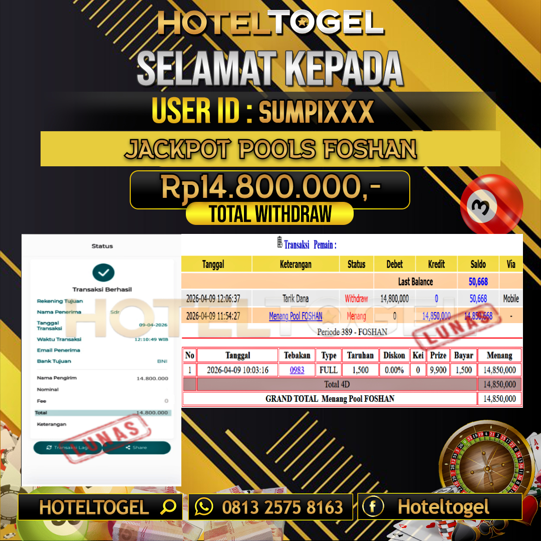 HOTELTOGEL JACKPOT TOGEL FOSHAN Rp.14.800.000 - LUNAS USER ID : SUMPI***