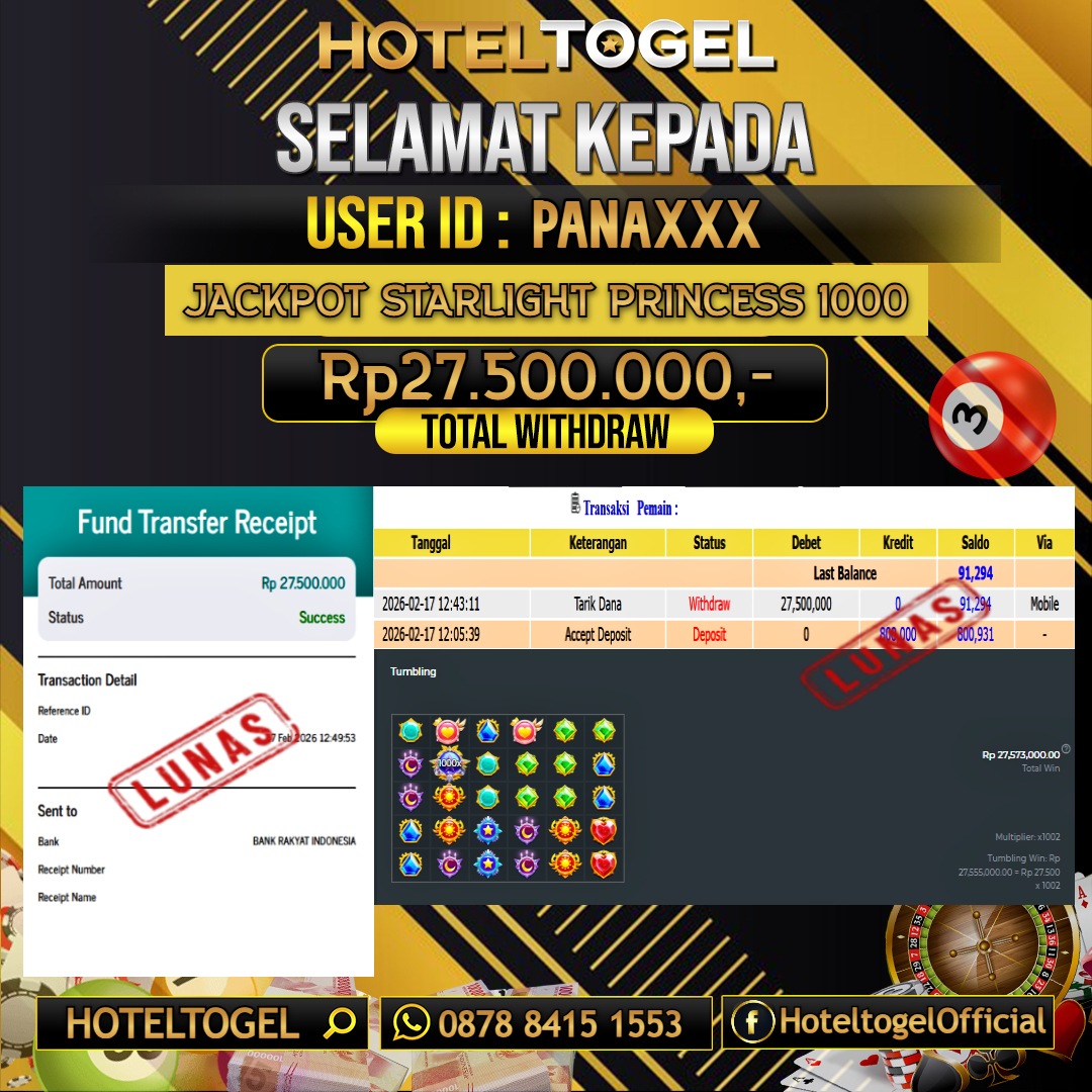 HOTELTOGEL JACKPOT SLOT STARLIGHT PRINCESS 1000 Rp.27.500.000 - LUNAS USER ID : PANA***