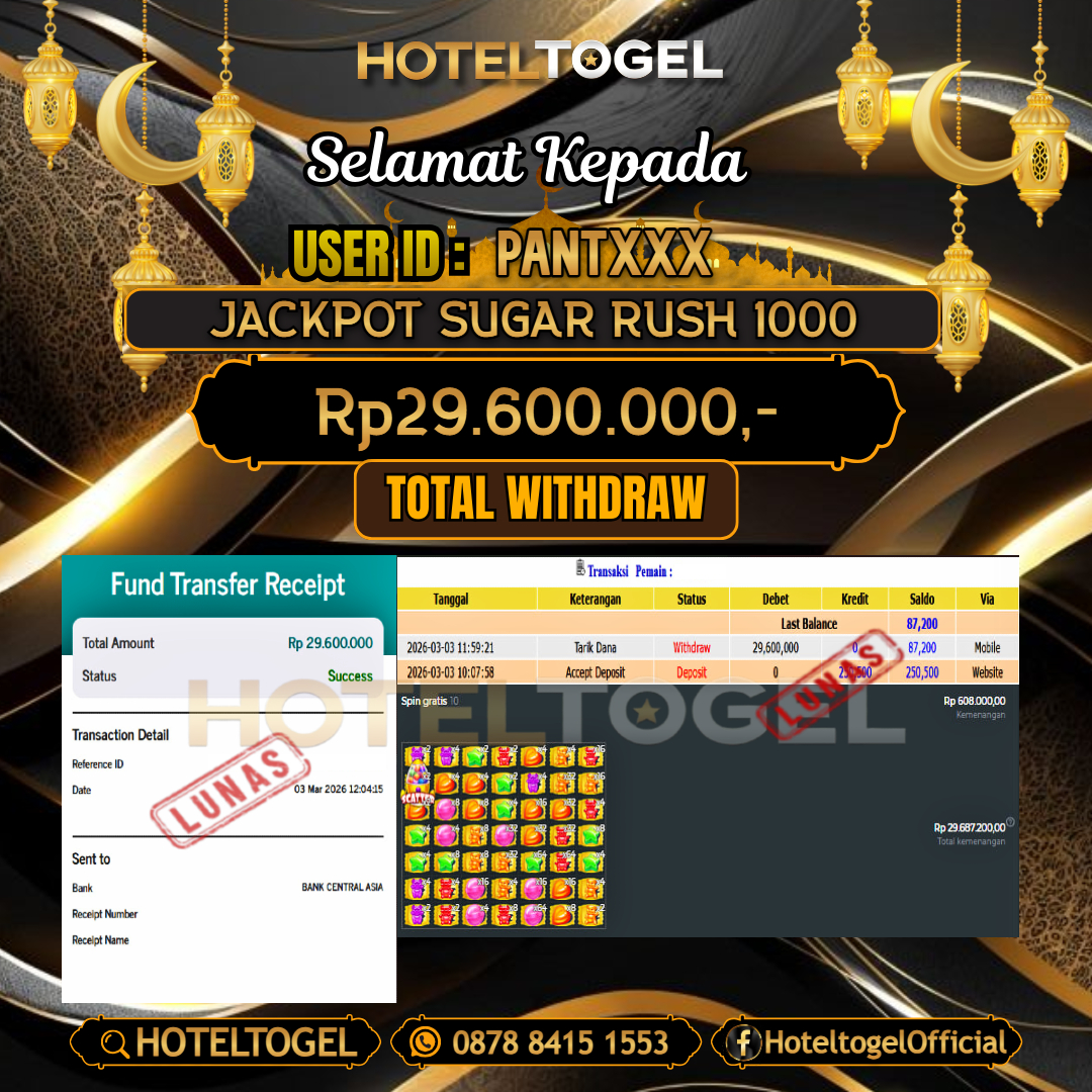 HOTELTOGEL JACKPOT SLOT SUGAR RUSH 1000 Rp.29.600.000 - LUNAS USER ID : PANT***