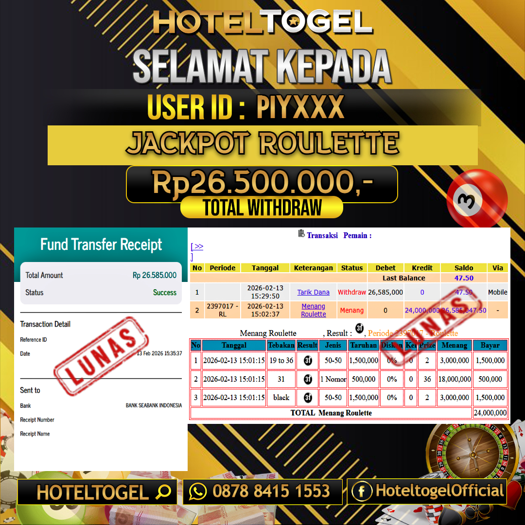 HOTELTOGEL JACKPOT CASINO ROULETTE Rp.26.500.000 - LUNAS USER ID : PIY***