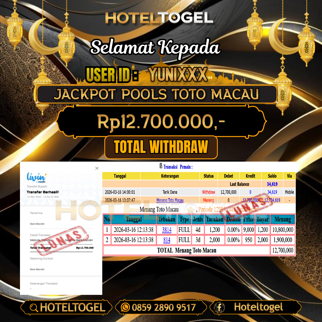 HOTELTOGEL JACKPOT TOGEL TOTO MACAU Rp.12.700.000 - LUNAS USER ID : YUNI***