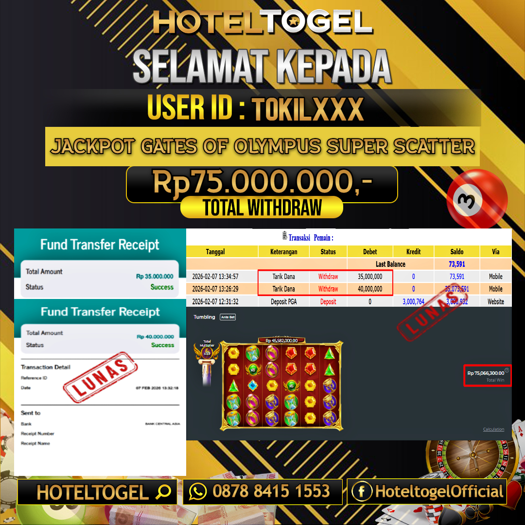 HOTELTOGEL JACKPOT SLOT GATES OF OLYMPUS SUPER SCATTER Rp.75.000.000 - LUNAS USER ID : TOKIL***