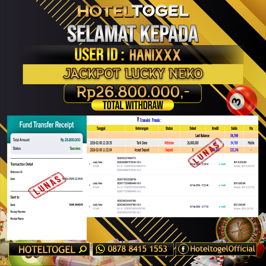 HOTELTOGEL JACKPOT SLOT LUCKY NEKO Rp.26.800.000 - LUNAS USER ID : HANI***