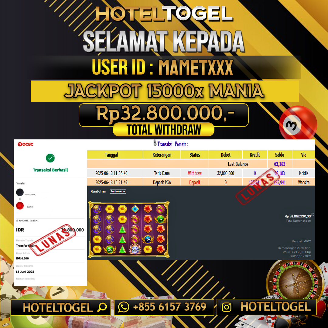 HOTELTOGEL JACKPOT SLOT 15000x MANIA Rp.32.800.000 - LUNAS USER ID : MAMET****