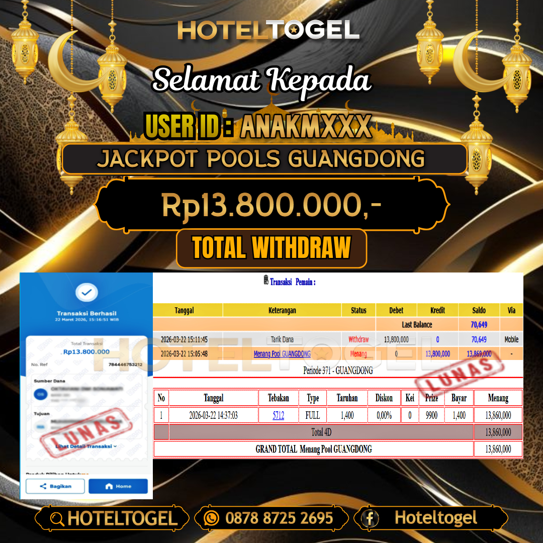 HOTELTOGEL JACKPOT TOGEL GUANGDONG Rp.13.800.000 - LUNAS USER ID : ANAKM***