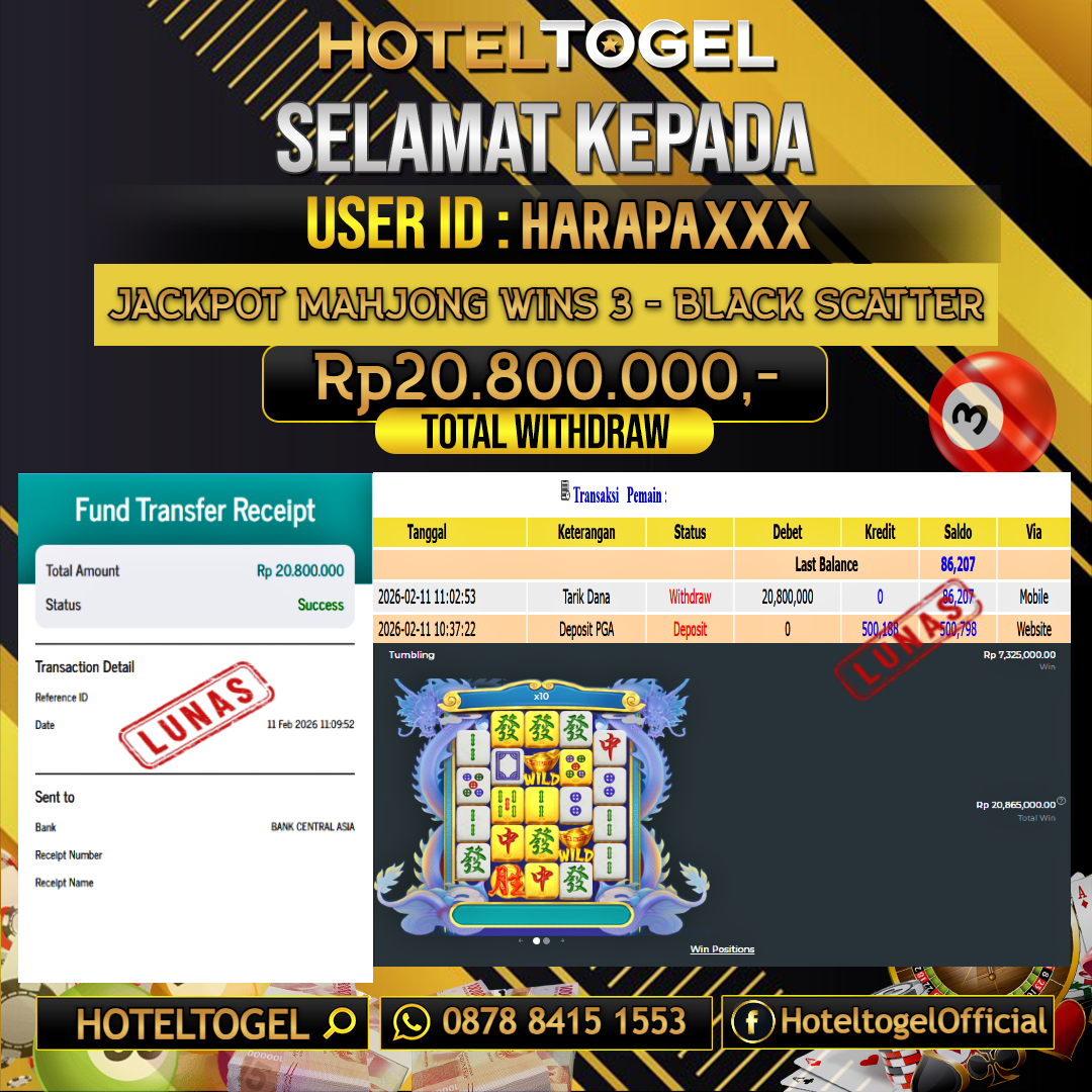 HOTELTOGEL JACKPOT SLOT MAHJONG WINS 3 - BLACK SCATTER Rp.20.800.000 - LUNAS USER ID : HARAPA***