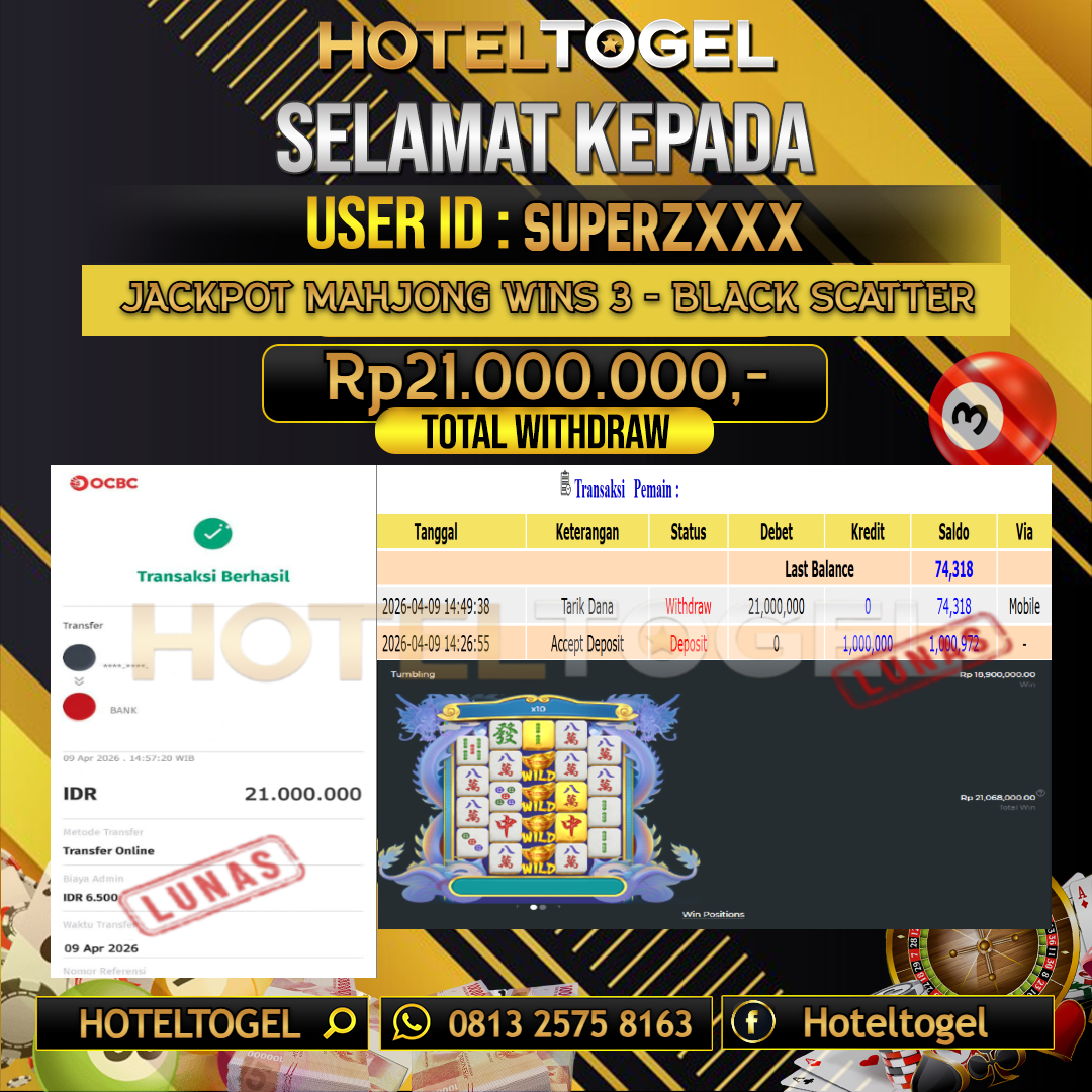HOTELTOGEL JACKPOT SLOT MAHJONG WINS 3 - BLACK SCATTER Rp.21.000.000 - LUNAS USER ID : SUPERZ***