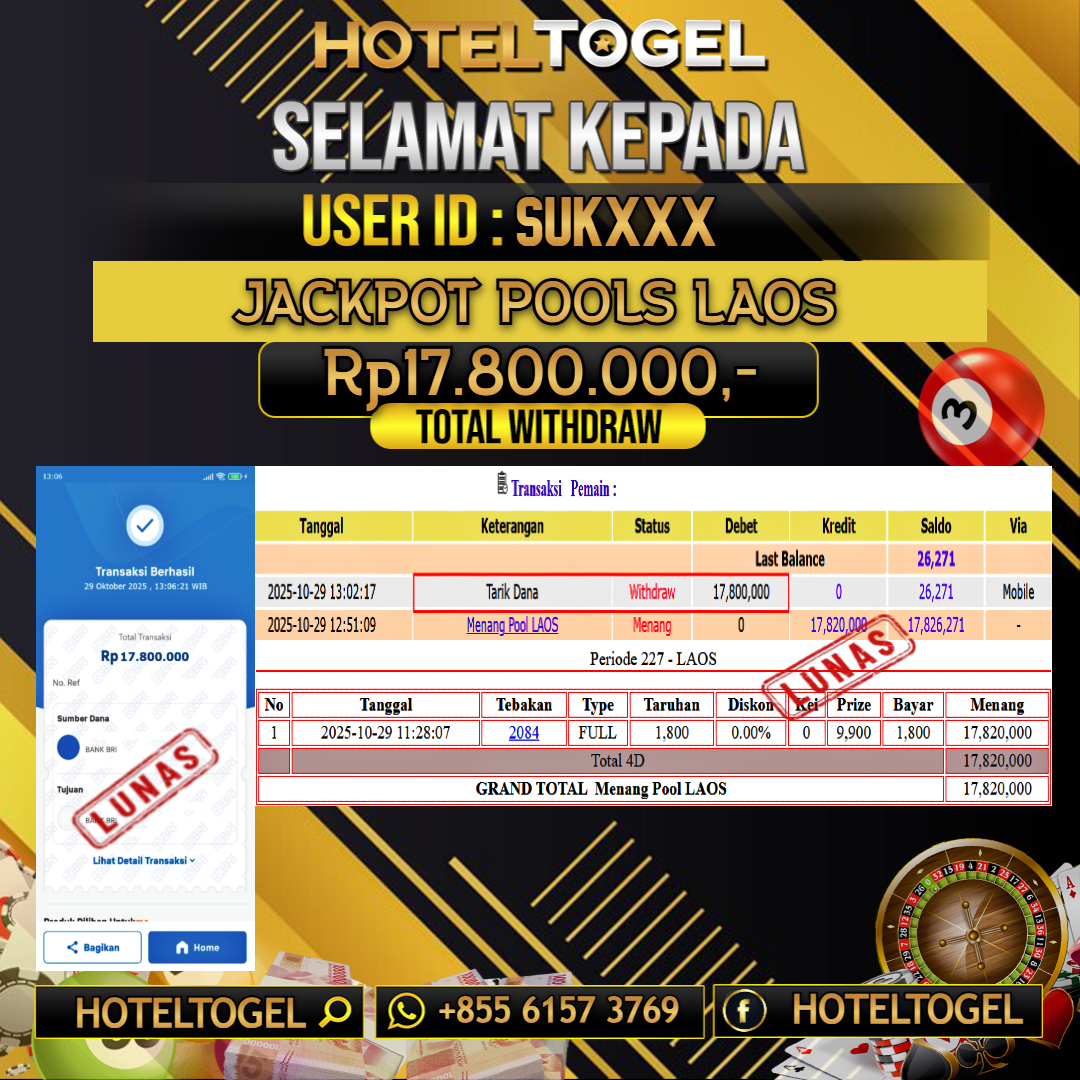 HOTELTOGEL JACKPOT POOLS LAOS Rp.17.800.000 - LUNAS USER ID : SUK***