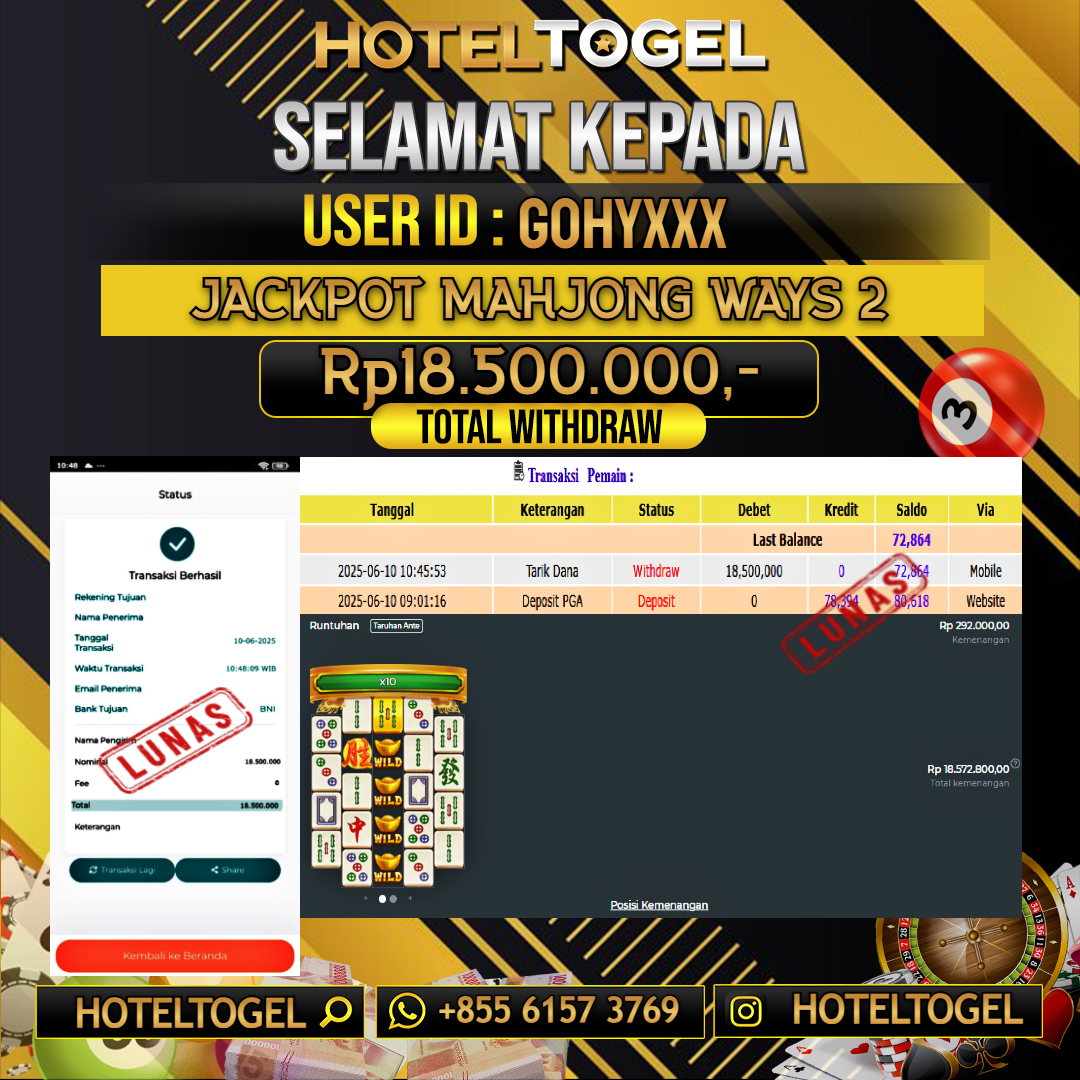 HOTELTOGEL JACKPOT SLOT MAHJONG WAYS 2 Rp.18.500.000 - LUNAS USER ID : GOHY****