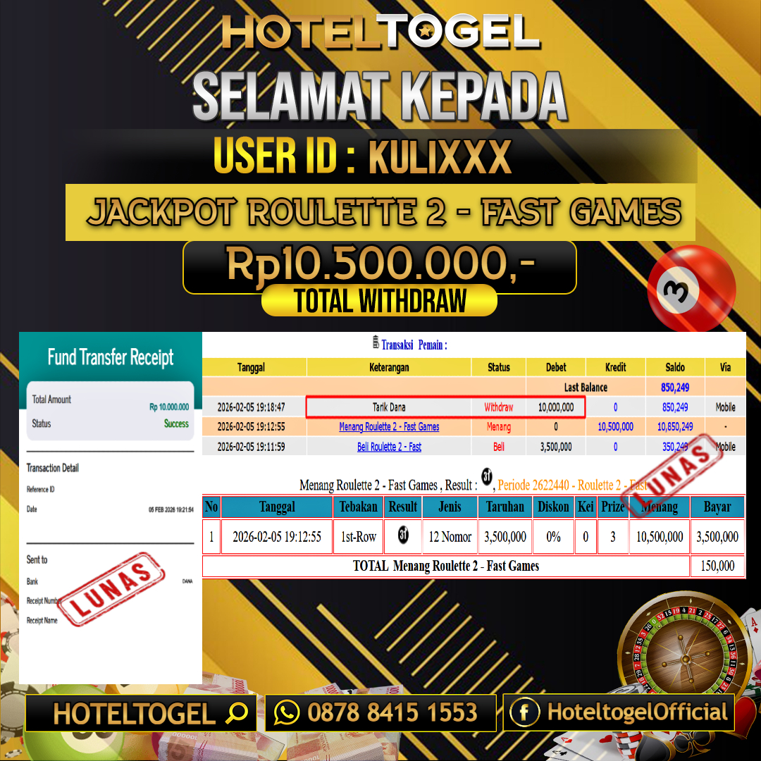 HOTELTOGEL JACKPOT CASINO ROULETTE 2 - FAST GAMES Rp.10.500.000 - LUNAS USER ID : KULI***