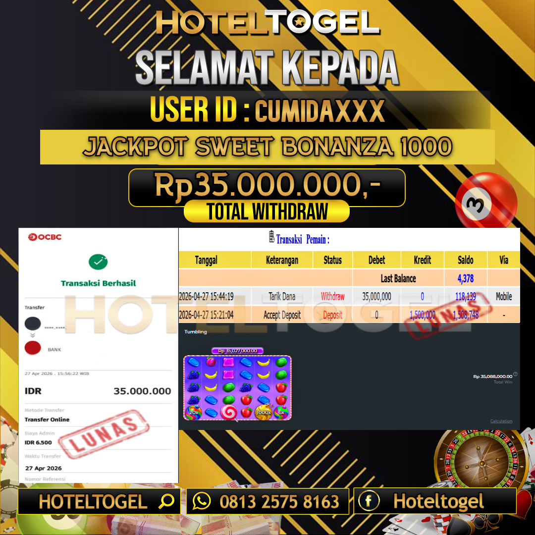 HOTELTOGEL JACKPOT SLOT SWEET BONANZA 1000 Rp.35.000.000 - LUNAS USER ID : CUMIDA***