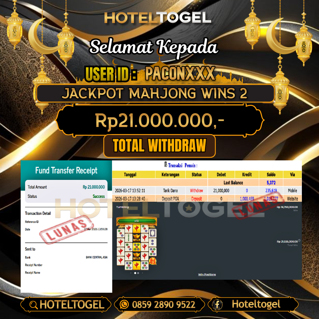 HOTELTOGEL JACKPOT SLOT MAHJONG WINS 2 Rp.21.000.000 - LUNAS USER ID : PACON***