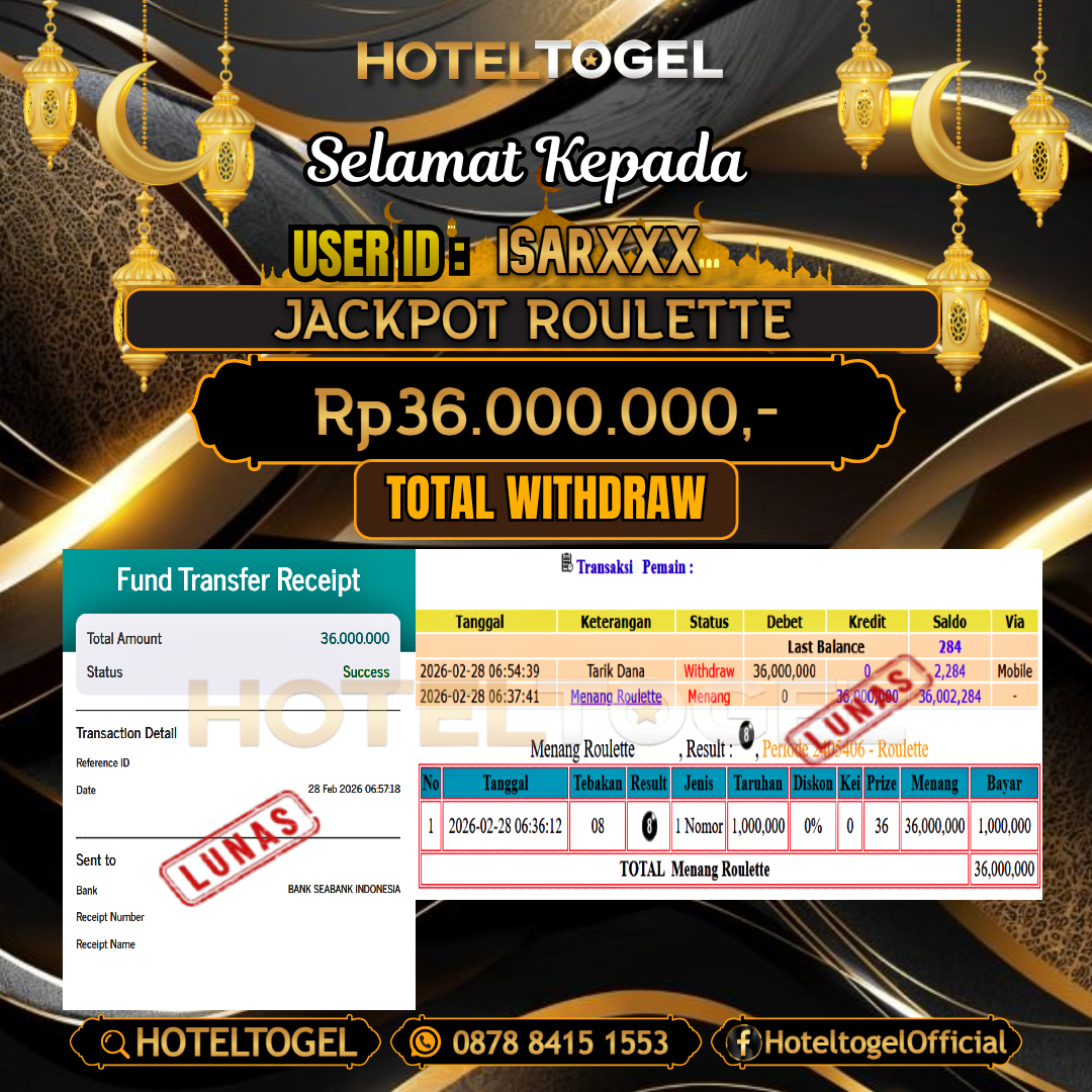 HOTELTOGEL JACKPOT CASINO ROULETTE Rp.36.000.000 - LUNAS USER ID : ISAR***