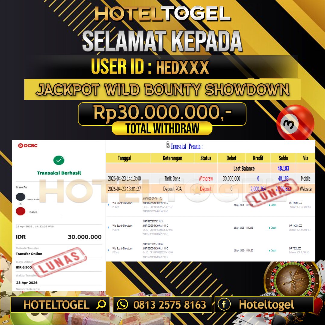 HOTELTOGEL JACKPOT SLOT WILD BOUNTY SHOWDOWN Rp.30.000.000 - LUNAS USER ID : HED***