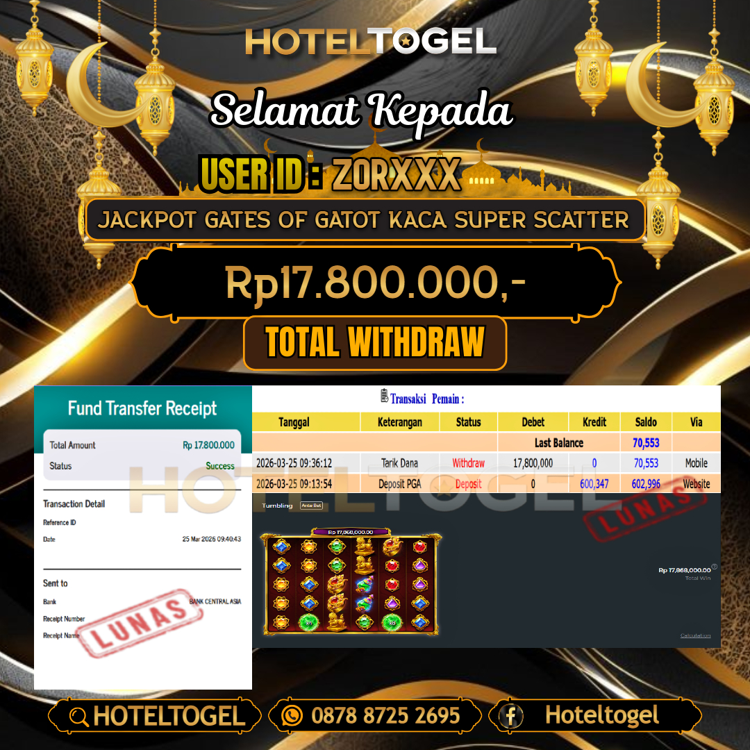 HOTELTOGEL JACKPOT SLOT GATES OF GATOT KACA SUPER SCATTER Rp.17.800.000 - LUNAS USER ID : ZOR***