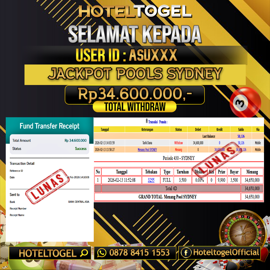 HOTELTOGEL JACKPOT TOGEL SYDNEY Rp.34.600.000 - LUNAS USER ID : ASU***