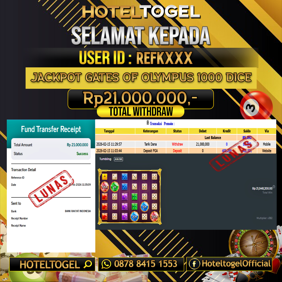 HOTELTOGEL JACKPOT SLOT GATES OF OLYMPUS 1000 DICE Rp.21.000.000 - LUNAS USER ID : REFK***