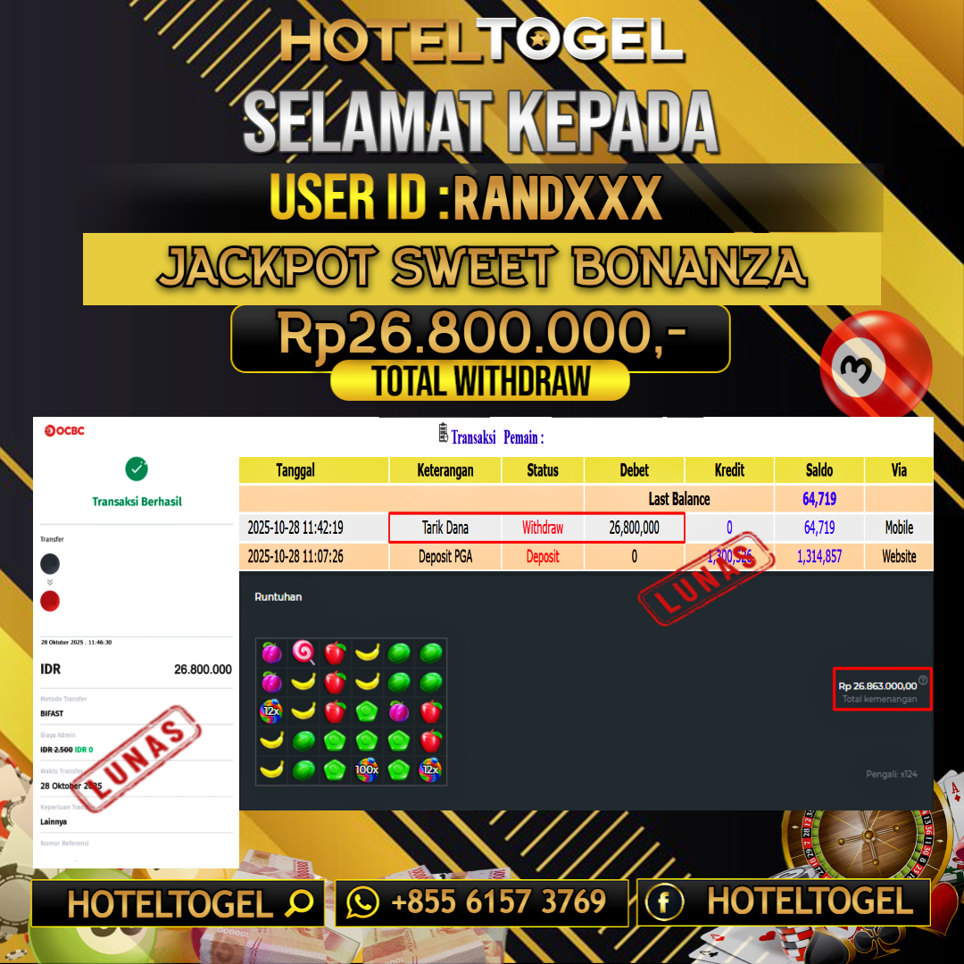HOTELTOGEL JACKPOT SLOT SWEET BONANZA Rp.26.800.000 - LUNAS USER ID : RAND***