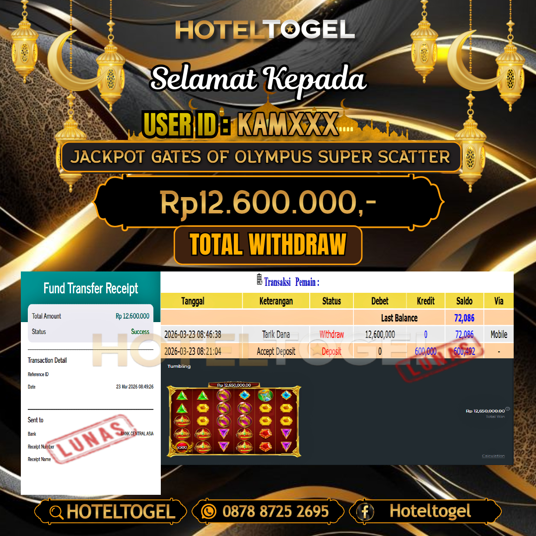 HOTELTOGEL JACKPOT SLOT GATES OF OLYMPUS SUPER SCATTER Rp.12.600.000 - LUNAS USER ID : KAM***