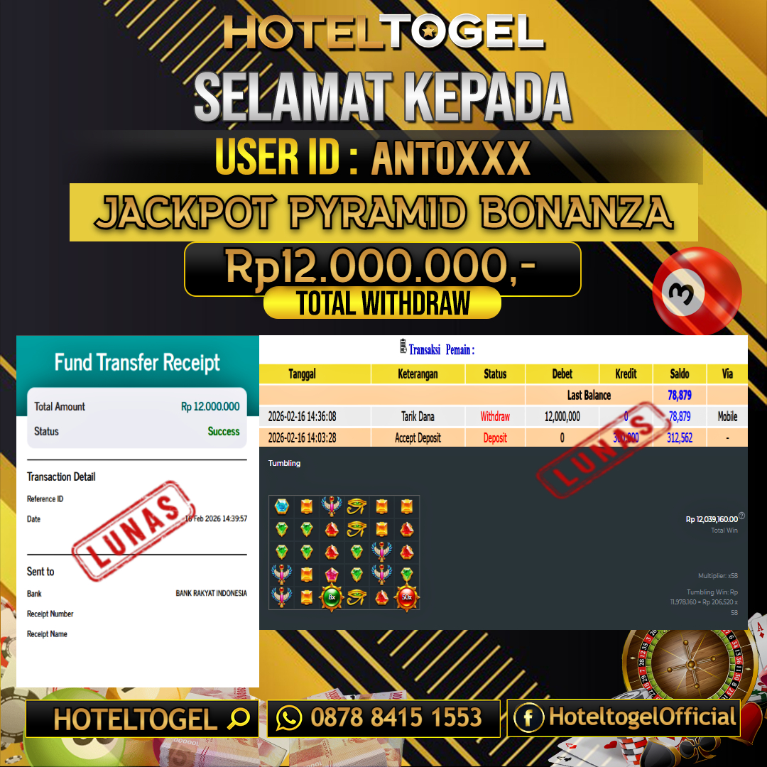 HOTELTOGEL JACKPOT SLOT PYRAMID BONANZA Rp.12.000.000 - LUNAS USER ID : ANTO***