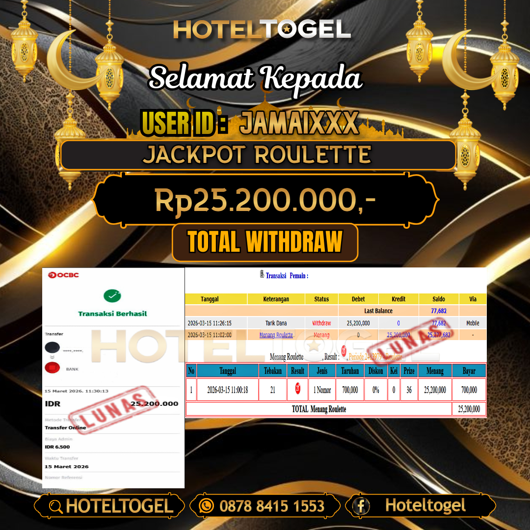 HOTELTOGEL JACKPOT CASINO ROULETTE Rp.25.200.000 - LUNAS USER ID : JAMAI***