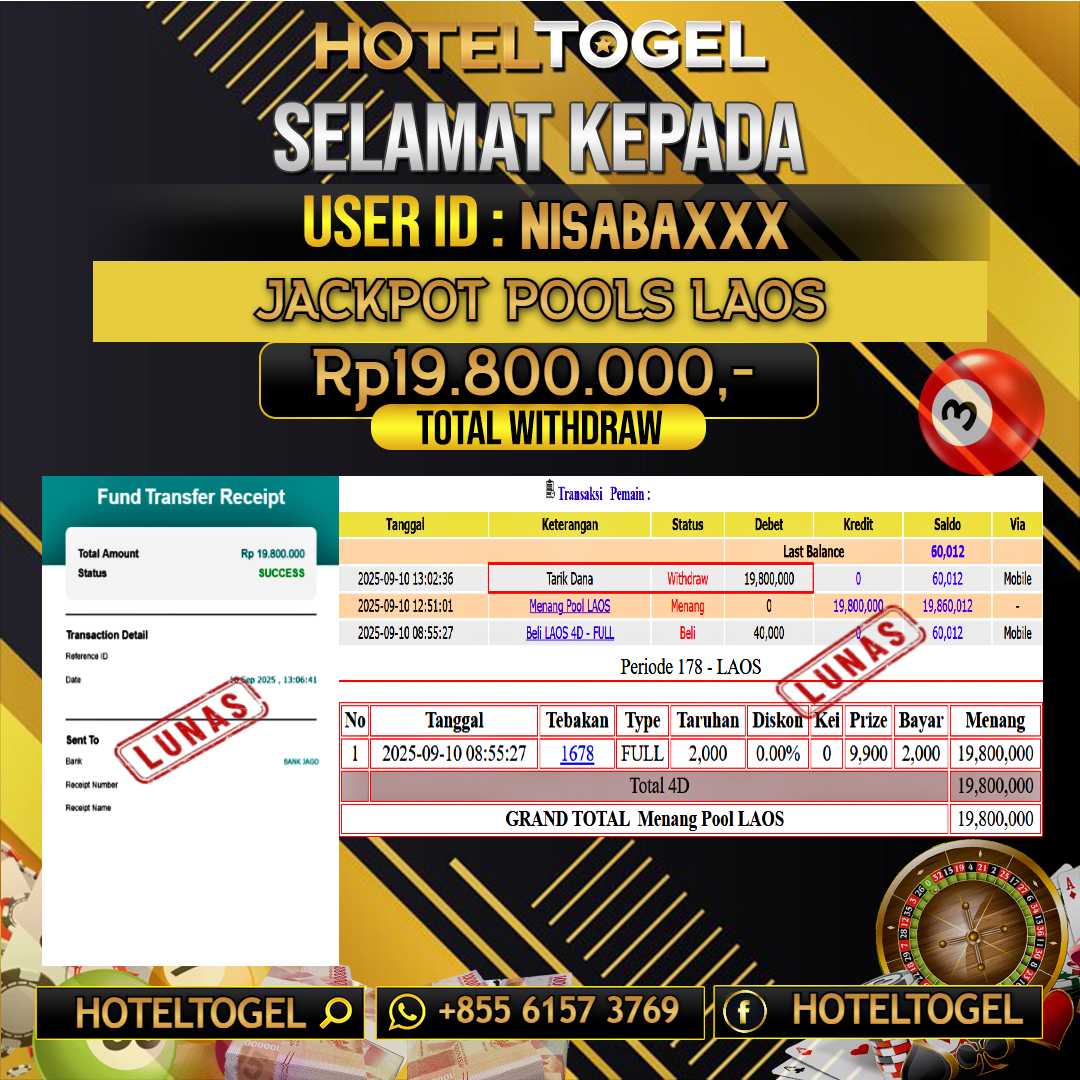 HOTELTOGEL JACKPOT TOGEL LAOS Rp.19.800.000 - LUNAS USER ID : NISABA****