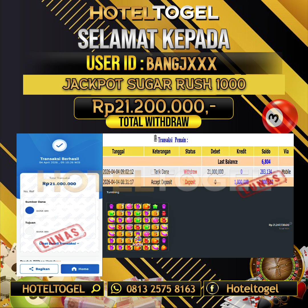 HOTELTOGEL JACKPOT SLOT SUGAR RUSH 1000 Rp.21.200.000 - LUNAS USER ID : BANGJ***