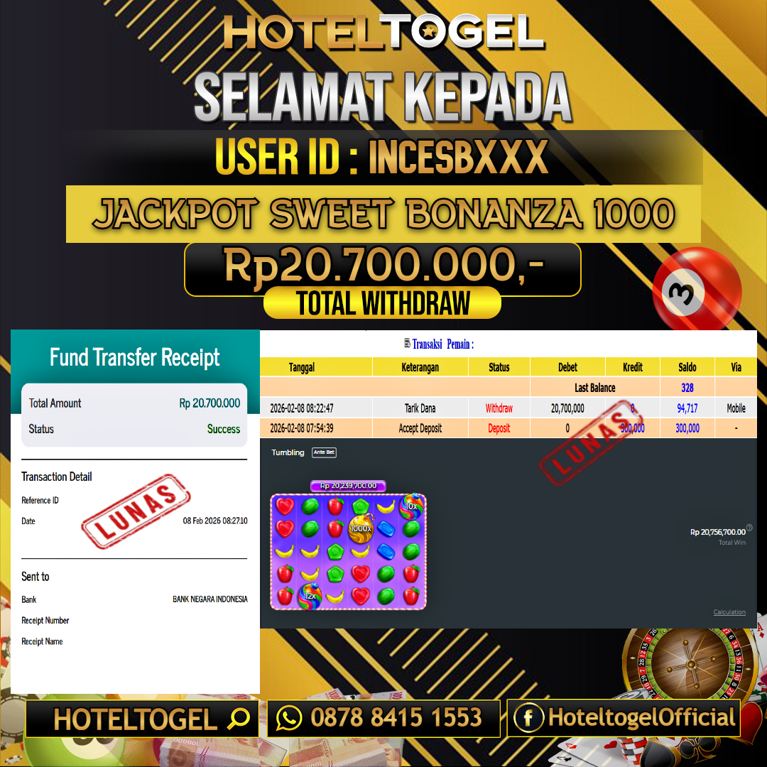 HOTELTOGEL JACKPOT SLOT SWEET BONANZA 1000 Rp.20.700.000 - LUNAS USER ID : INCESB***