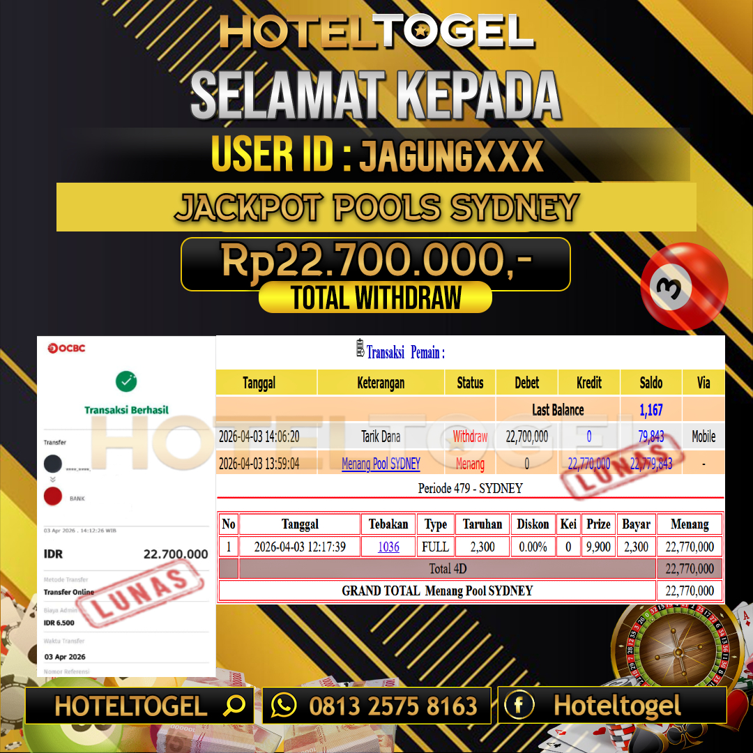 HOTELTOGEL JACKPOT TOGEL SYDNEY Rp.22.700.000 - LUNAS USER ID : JAGUNG***