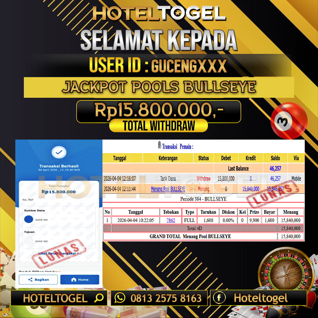 HOTELTOGEL JACKPOT TOGEL BULLSEYE Rp.15.800.000 - LUNAS USER ID : GUCENG***