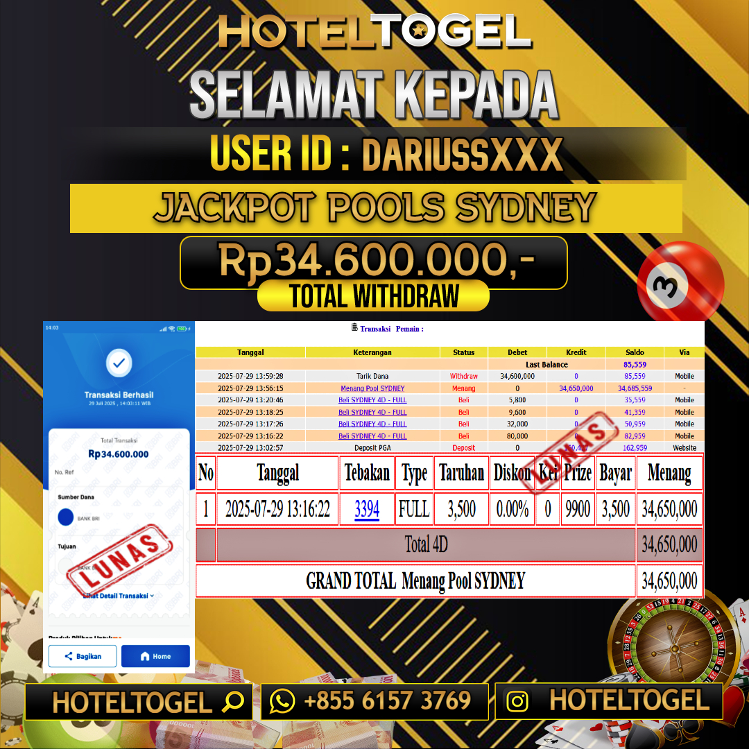 HOTELTOGEL JACKPOT TOGEL SYDNEY Rp.34.600.000 - LUNAS USER ID : DARIUSS****
