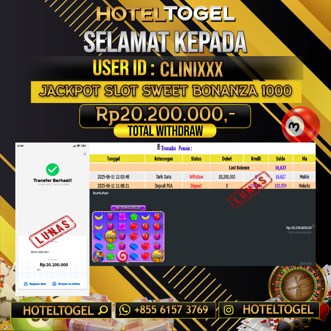 HOTELTOGEL JACKPOT SLOT SWEET BONANZA 1000 Rp.20.200.000 - LUNAS USER ID : CLINI****