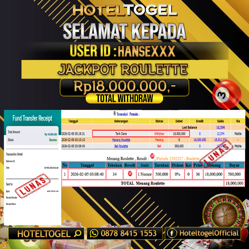 HOTELTOGEL JACKPOT CASINO ROULETTE Rp.18.000.000 - LUNAS USER ID : HANSE***