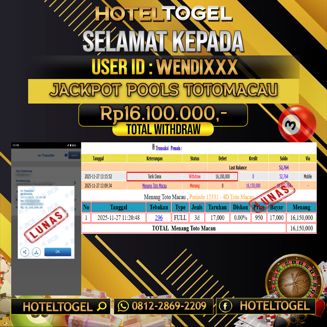 HOTELTOGEL JACKPOT TOGEL TOTOMACAU Rp.16.100.000 - LUNAS USER ID : WENDI***