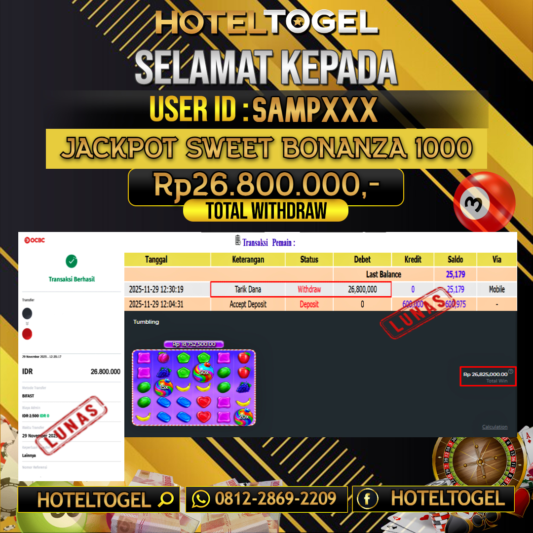 HOTELTOGEL JACKPOT SLOT SWEET BONANZA 1000 Rp.26.800.000 - LUNAS USER ID : SAMP***