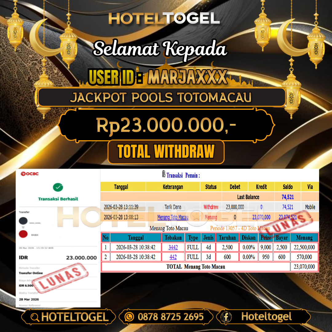 HOTELTOGEL JACKPOT TOGEL TOTOMACAU Rp.23.000.000 - LUNAS USER ID : MARJA***