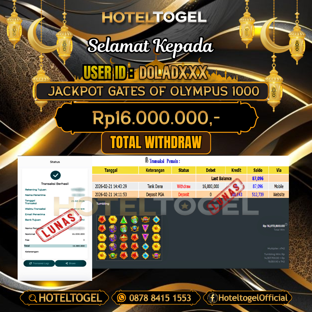 HOTELTOGEL JACKPOT SLOT GATES OF OLYMPUS 1000 Rp.16.000.000  - LUNAS USER ID : DOLAD***