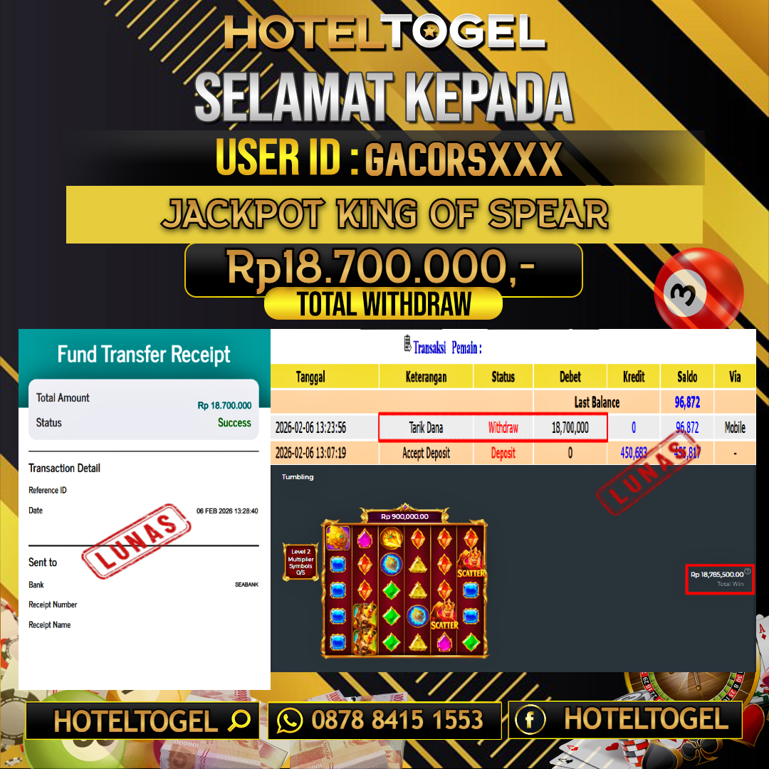 HOTELTOGEL JACKPOT SLOT KING OF SPEAR Rp.18.700.000 - LUNAS USER ID :  GACORS***