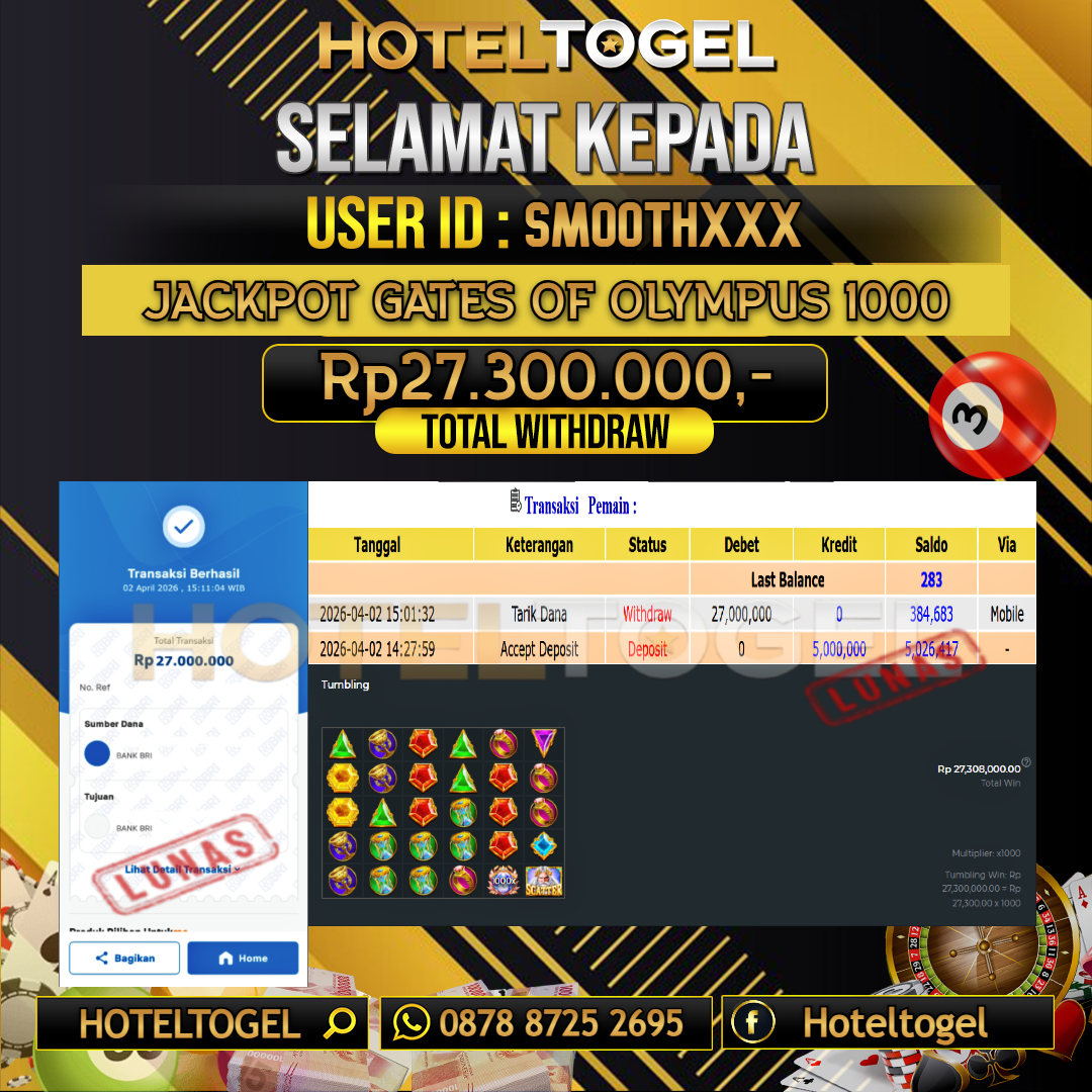 HOTELTOGEL JACKPOT SLOT GATES OF OLYMPUS 1000 Rp.27.300.000 - LUNAS USER ID : SMOOTH***