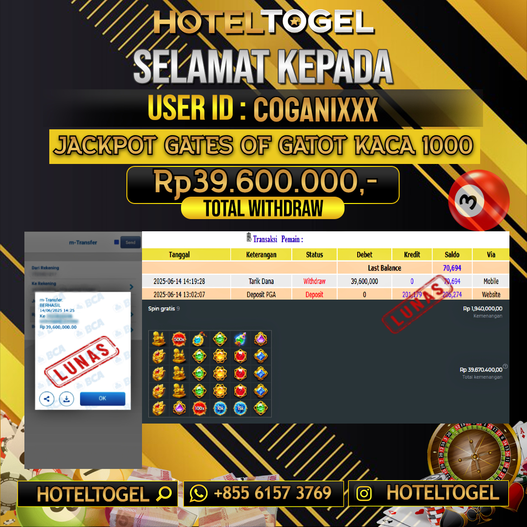HOTELTOGEL JACKPOT SLOT GATES OF GATOT KACA 1000 Rp.39.600.000 - LUNAS USER ID : COGAN1****